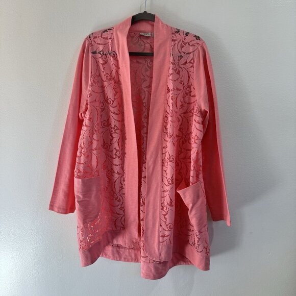 LOGO by Lori Goldstein Sweaters - LOGO Lori Goldstein Cardigan Sweater 2X Pink Floral Lace Sheer Open Front Lagen